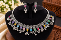 Women’s Multicolor Oxidised Silver Necklace Set with Matching Earrings