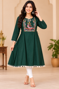 Women’s Dark Green Embroidered Cotton Kurti with Designer Yoke & Tassel Border