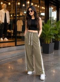 Women's Olive Green High-Waisted Wide Leg Track Pants with Side White Stripes & Drawstring