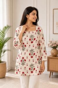 Women's Cream Floral Printed Casual Top | Square Neck 3/4 Sleeve Stylish Tunic Top for Women