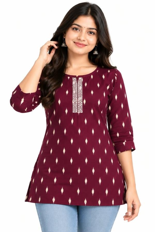 Women’s Maroon Printed Kurti with Ethnic Motif & Embroidered Front Placket