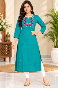 Women’s Teal Embroidered Straight Kurti