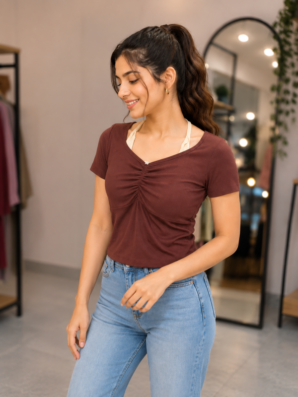 Women's Chocolate Brown V-Neck Ruched Bust Ribbed Top with Cream Layered Strap Detail