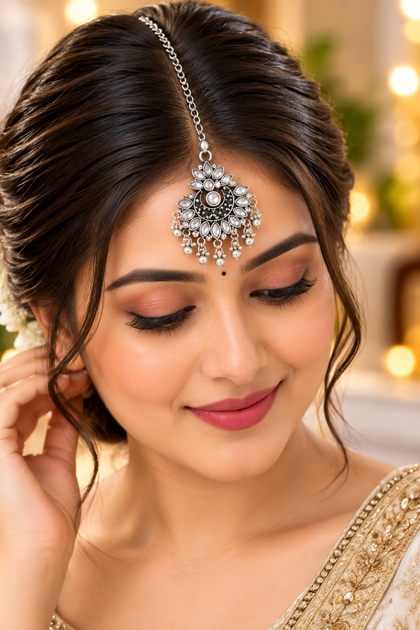 Antique Oxidized Silver Floral Maang Tikka with Pearl Bead Detailing for Women & Girls