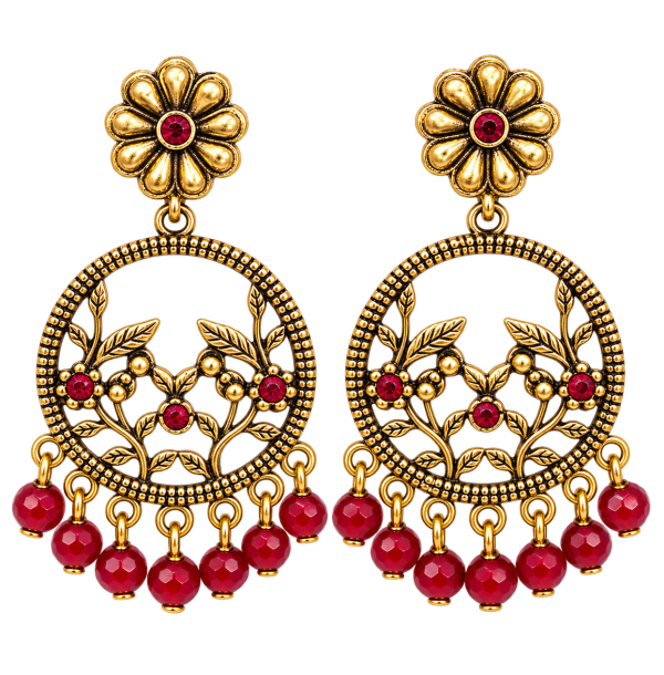 Antique Gold-Tone Floral Hoop Earrings with Red Beads
