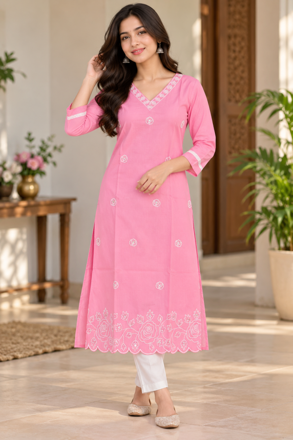 Women’s Pink Embroidered Straight Kurta Size- XL