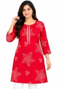 Women’s Red Floral Printed Kurti with Front Embroidered Detailing