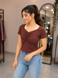 Women's Chocolate Brown V-Neck Ruched Bust Ribbed Top with Cream Layered Strap Detail