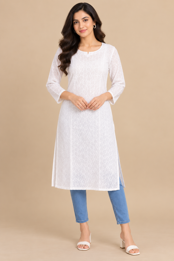 Women’s White Embroidered Kurti | Round Neck 3/4 Sleeve Straight Kurta