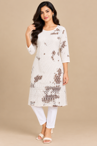 Women’s White & Brown Printed Embroidered Kurti | 3/4 Sleeve Ethnic Kurta