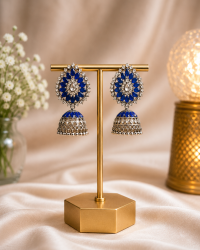 Blue Kundan Jhumka Earrings with Teardrop Stone Design