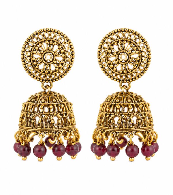 Antique Gold Filigree Jhumka Earrings with Ruby Red Bead Drops