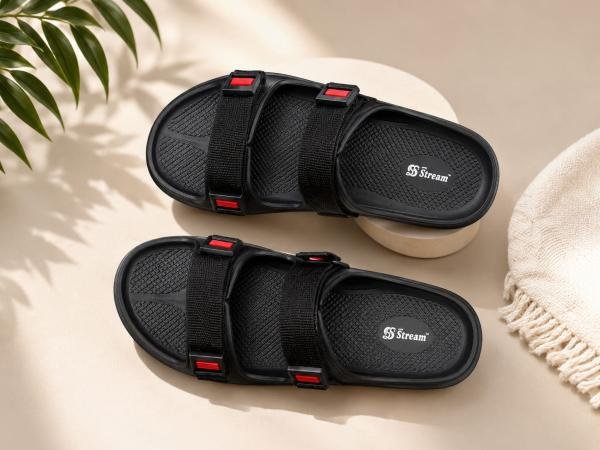 Stream Men's Premium Double Strap Comfort Sliders – Black