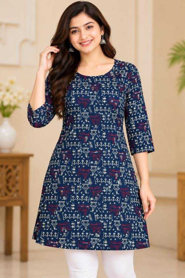 Women’s Navy Blue Printed Short Kurti with Tribal Folk Motif Size - L