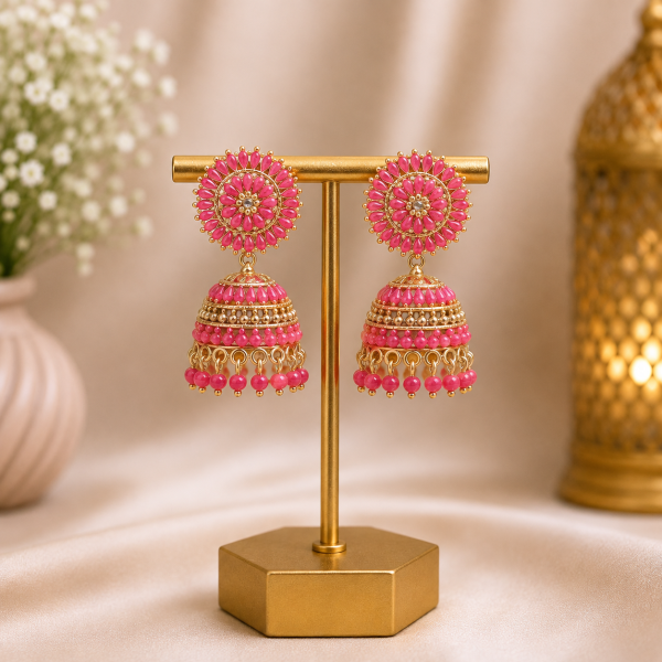 Pink Floral Beaded Jhumka Earrings for Women
