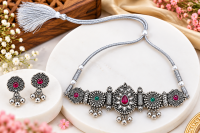 Oxidised Silver Necklace & Earrings Jewellery Set with Multicolor Stone Work for Women