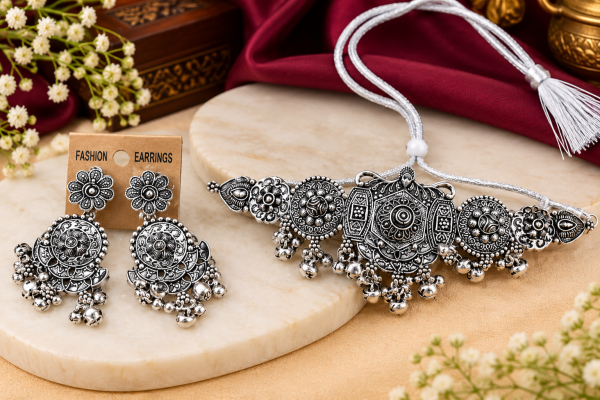 Women’s Oxidized Silver Choker Necklace & Earrings Set | Traditional Ethnic Jewellery