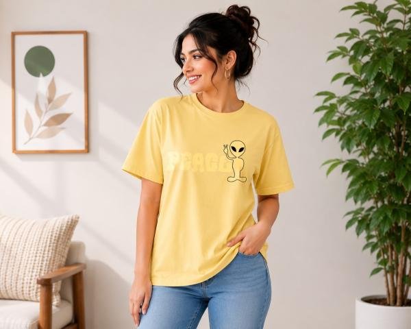 Women’s Yellow Peace Alien Graphic Oversized T-Shirt