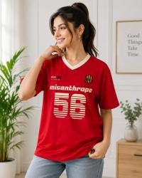 Men’s Red Printed V-Neck Half Sleeve Sports Jersey T-Shirt – Number 56