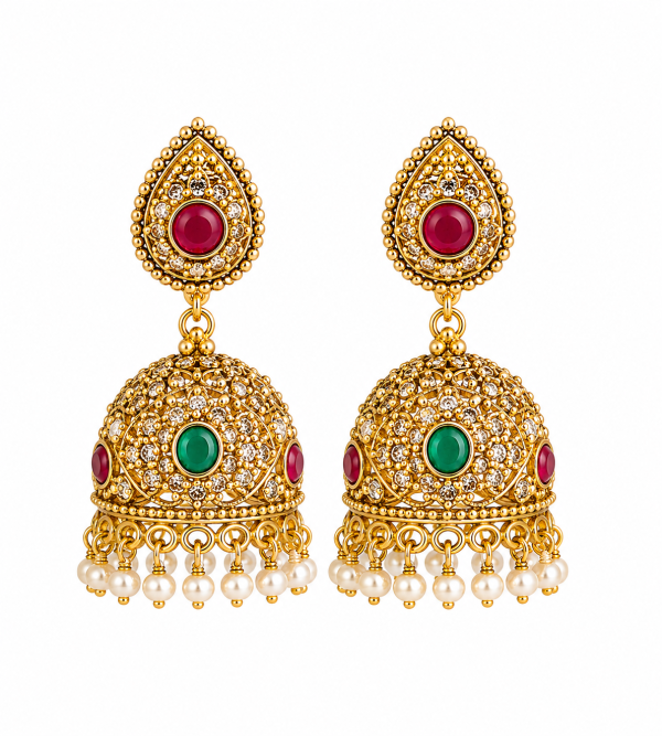Red & Green Stone Gold-Tone Traditional Jhumka Earrings
