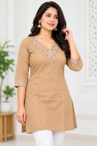 Women’s Beige Embroidered Straight Kurti with V-Neck Design
