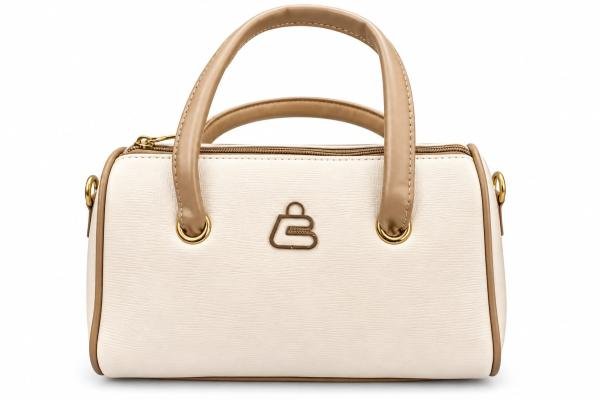 Women’s Elegant Cream Handbag with Tan Handles & Gold-Tone Detailing