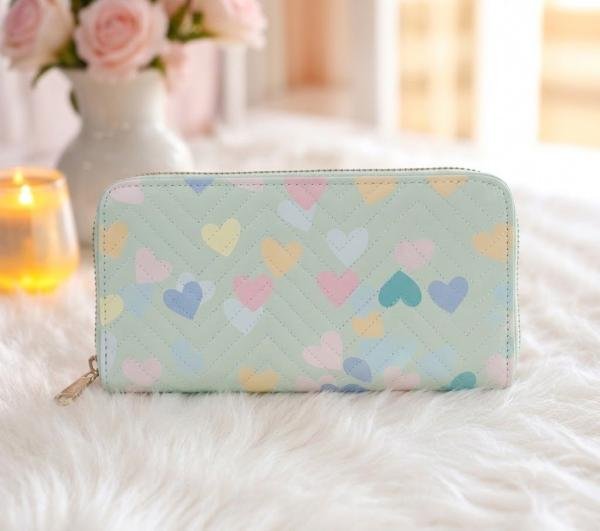 Pastel Heart Chevron Quilted Mint Green Zip-Around Long Wallet