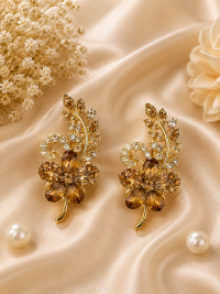 Elegant Gold-Tone Champagne Crystal Floral and Leaf Brooch Pin (Set of 2)