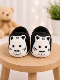 Cute Tiger Face Baby Prewalker Shoes | Soft Plush Anti-Slip Shoes for Boys & Girls | Black & White