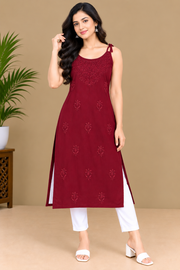 Women’s Maroon Embroidered Cotton Kurti Size - XL