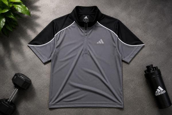 Men's Grey Sports T-Shirt | Quick-Dry Half Sleeve Performance Zip Collar T-Shirt