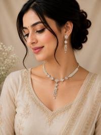 Elegant Silver-Plated American Diamond Necklace Set for Women | CZ Choker with Matching Earrings