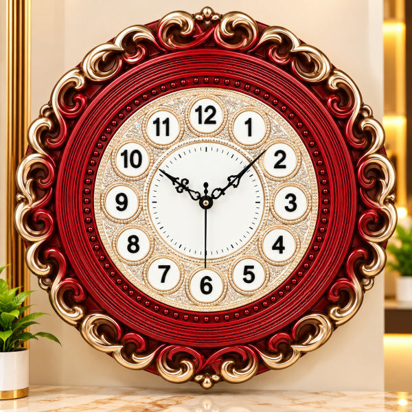 Premium Decorative Round Wall Clock – Maroon & Golden Antique Design