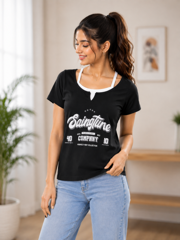 Women's Black & White Layered Look Graphic Print T-Shirt with Notch V-Neck
