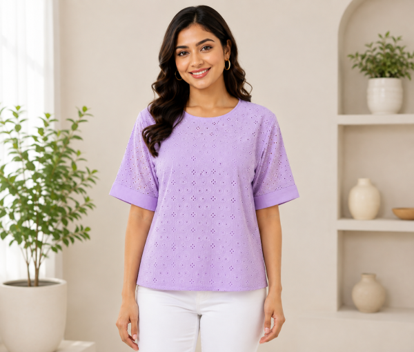 Women's Lavender Purple Round Neck Schiffli Eyelet Embroidered Top with Cuffed Short Sleeves