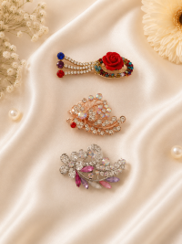 Assorted Elegant Crystal, Floral, and Rose Brooch Pins (Set of 3)
