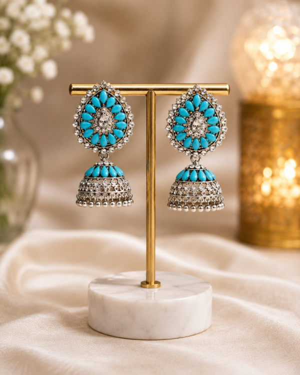 Blue Stone Kundan Jhumka Earrings with Pearl Drops – Traditional Gold Tone Design