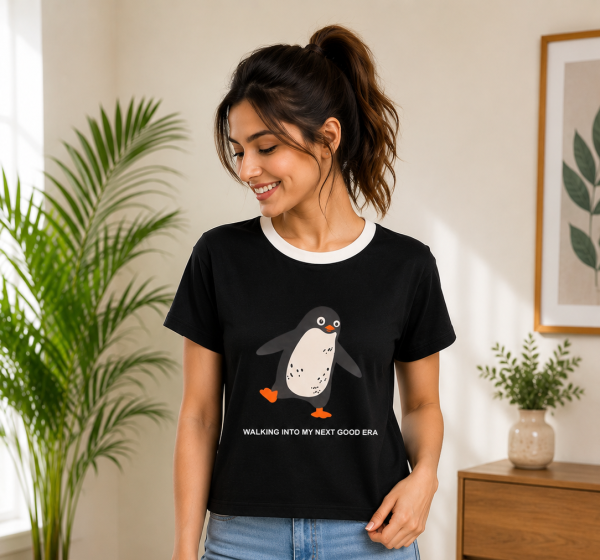 Women's Black Contrast Ringer T-Shirt – "Walking Into My Next Good Era" Penguin Graphic Top