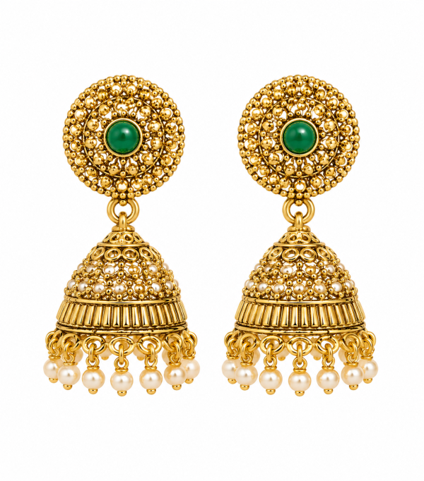 Green Stone Gold-Tone Traditional Pearl Jhumka Earrings for Women