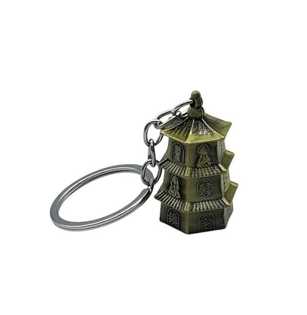 Antique Pagoda Temple Design Metal Keychain | Traditional Key Ring | Bag Charm