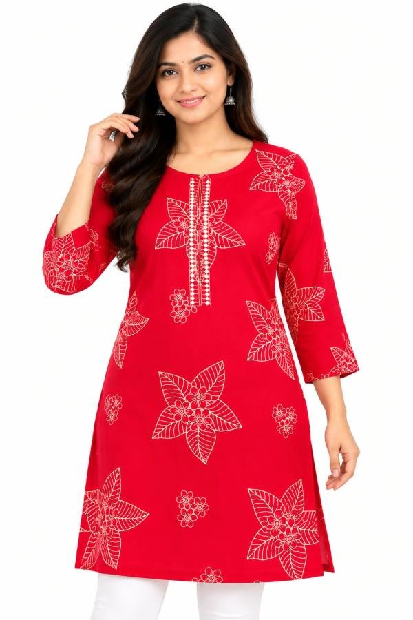 Women’s Red Floral Printed Kurti with Front Embroidered Detailing