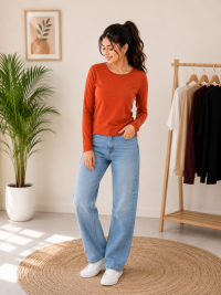Rust Orange Solid Long Sleeve Crew Neck Cotton T-Shirt