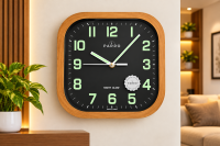 PARRO Square Wall Clock with Wooden Finish Frame, Black Dial, Night Glow Numbers for Home & Office