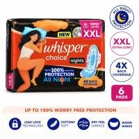 Whisper Choice Nights XXL Sanitary Pads – 6 Pads | Extra Long | 4X Back Coverage | All Night Protection