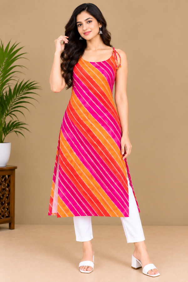 Women’s Pink & Orange Printed Sleeveless Kurti Size - XL