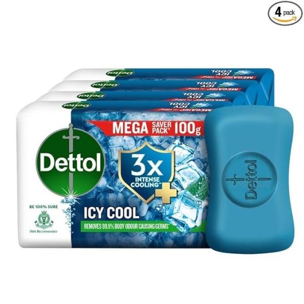 Dettol Icy Cool Bathing Soap Bar With 3x intense cooling (400gm), 100gm - Pack of 4