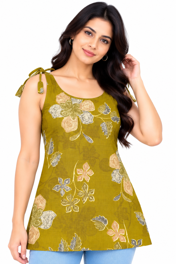 Women’s Mustard Yellow Floral Printed Sleeveless Tunic Top with Tie-Up Straps
