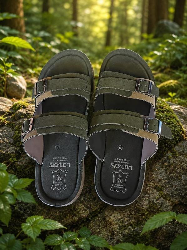 Skylon Men's Olive Green Double Buckle Comfort Sandals | Adjustable Casual Slip-On Slippers