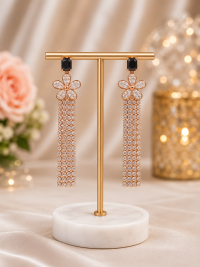 Black Stone Floral Crystal Drop Earrings – Gold Tone Long Dangle Earrings
