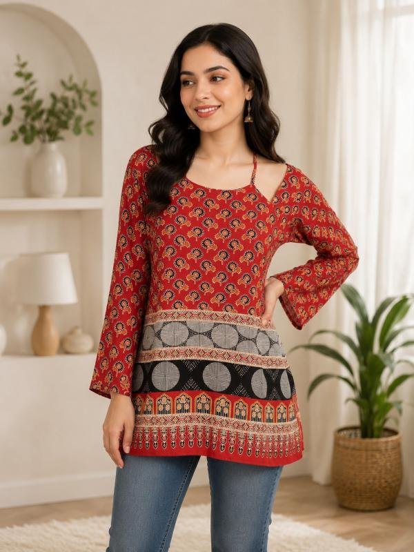 Women's Maroon Printed Casual Top | Square Neck Full Sleeve Stylish Tunic Top for Women
